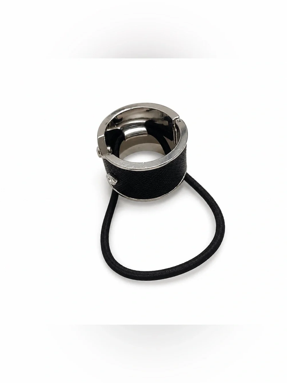 Henri Bendel Black Leather Silver-Plated Cuff Pony Tie Holder / Hair Tie